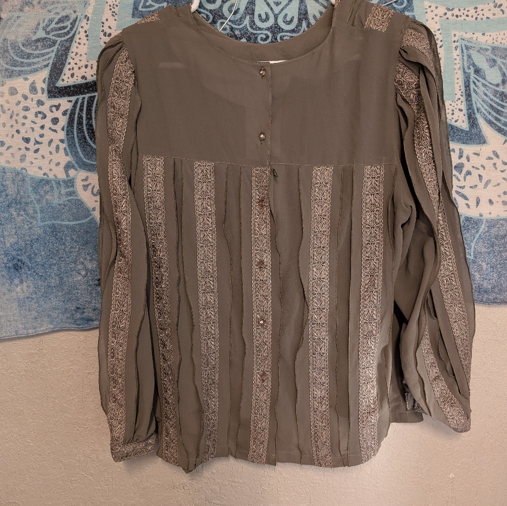 Lace-Trim Long Sleeve Blouse S Olive Peasant Cottagecore Whimsy Festival Fairy